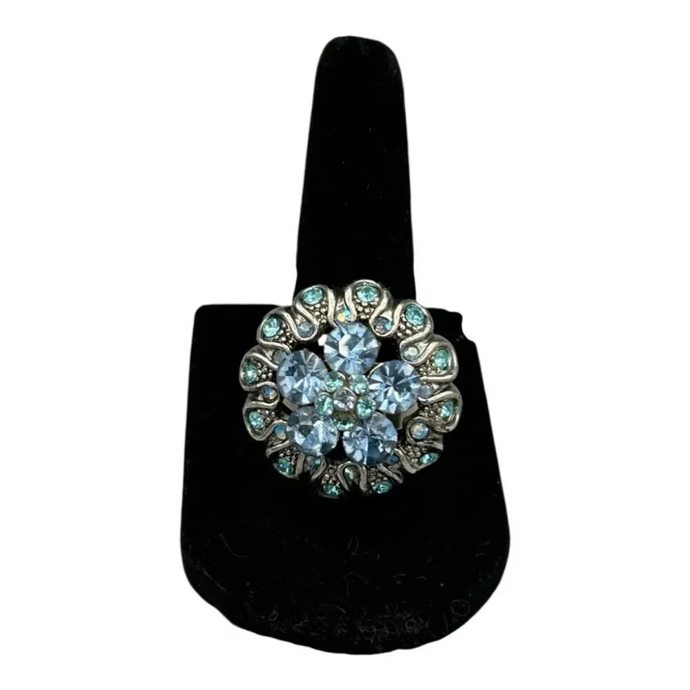 Blue Rhinestone Floral Cocktail Ring Adjustable Silver Tone